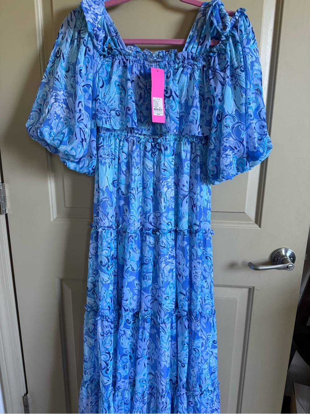 Lilly Pulitzer NWT Blue Paisley Tiered Off-Shoulder Dress XXS maxi
